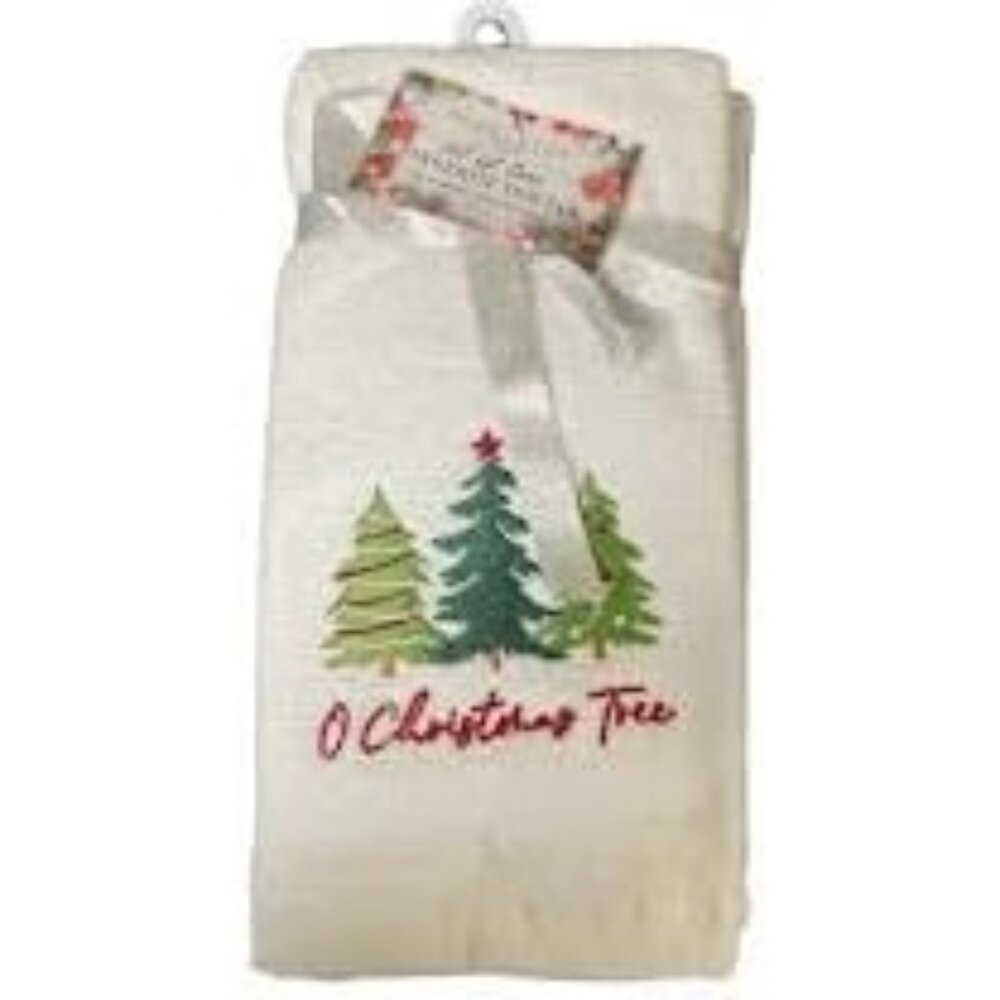 Set of (2) Holiday Themed Stitched Fingertip Towels (White, O Christmas Tree)